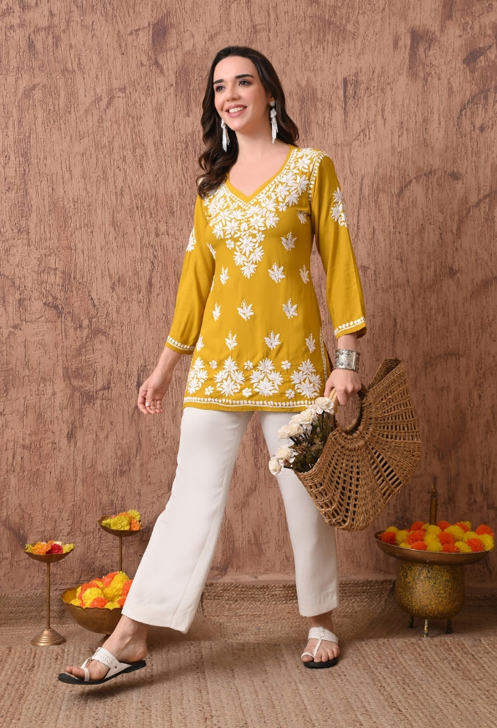 Yellow Elegant Hand-Embroidered Chikankari Floral Lucknowi Kurti
