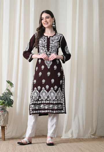 Brown & White Hand-Embroidered Chikankari Rayon Straight Kurta