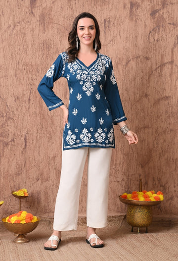 Teal Elegant Hand-Embroidered Chikankari Floral Lucknowi Kurti