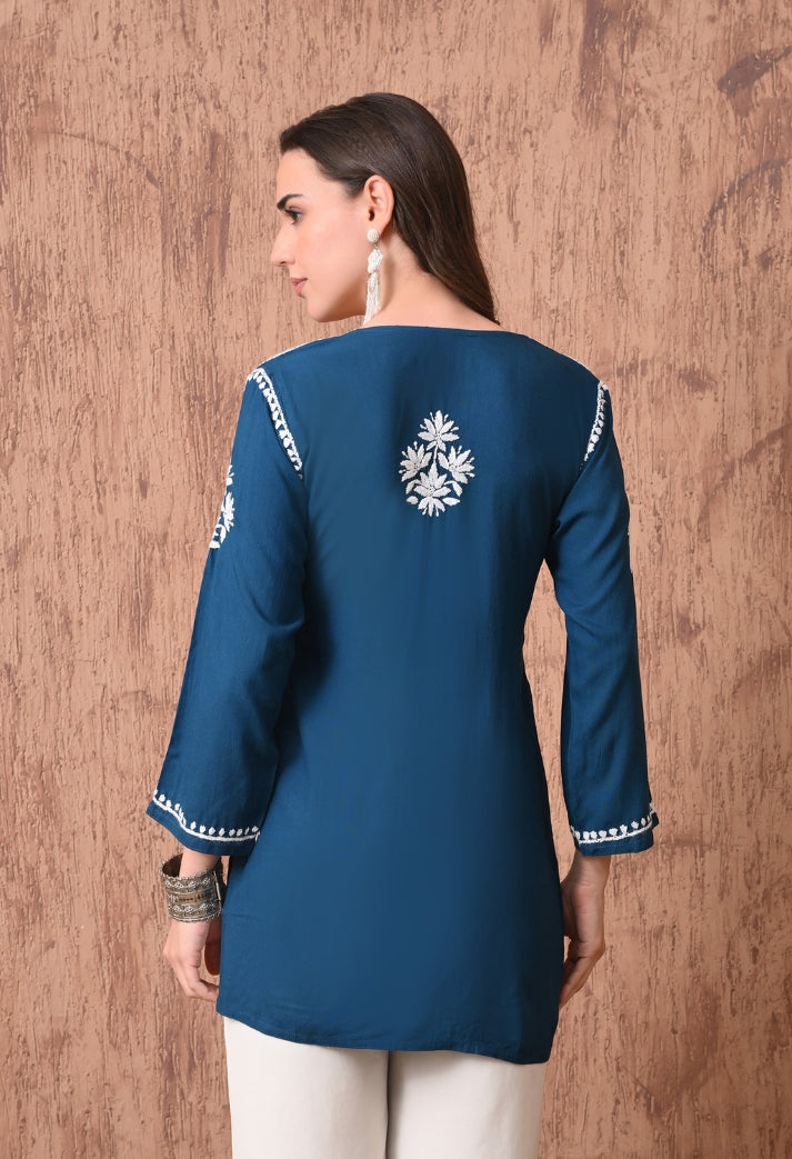 Teal Elegant Hand-Embroidered Chikankari Floral Lucknowi Kurti