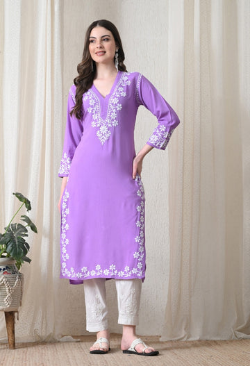 Purple Hand-Embroidered Chikankari Rayon Straight Kurta