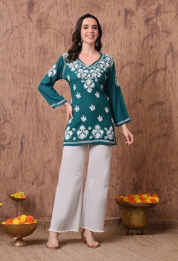 Teal Green Elegant Hand-Embroidered Chikankari Floral Lucknowi Kurti