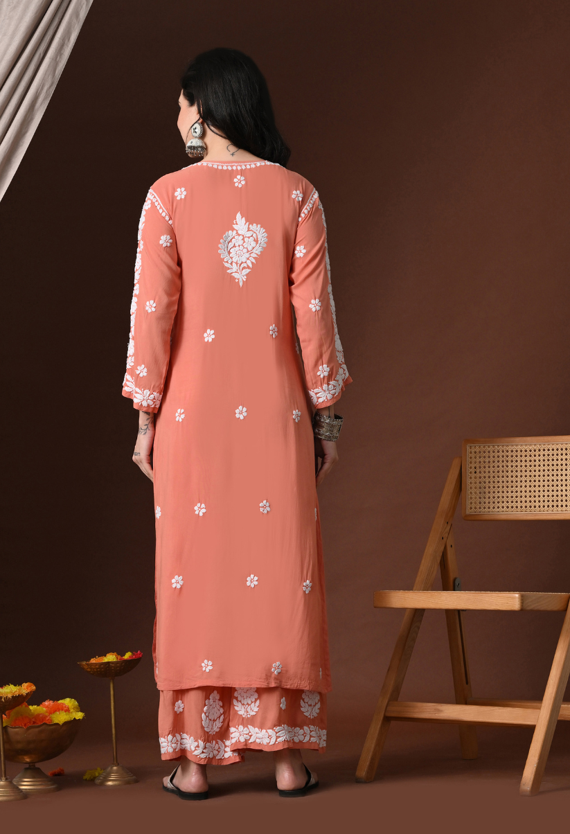 Hand Embroidered Chikankari Modal Kurta Palazzo Set for Women – Peach
