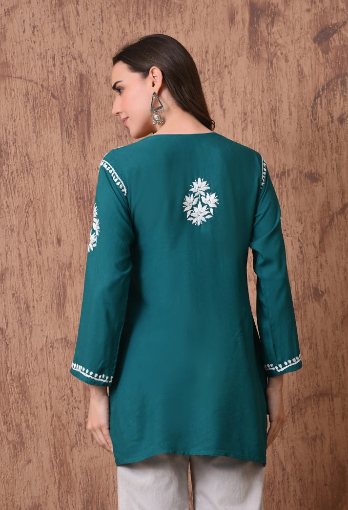 Teal Green Elegant Hand-Embroidered Chikankari Floral Lucknowi Kurti