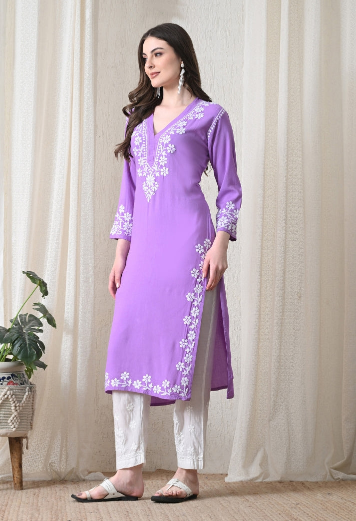 Purple Hand-Embroidered Chikankari Rayon Straight Kurta