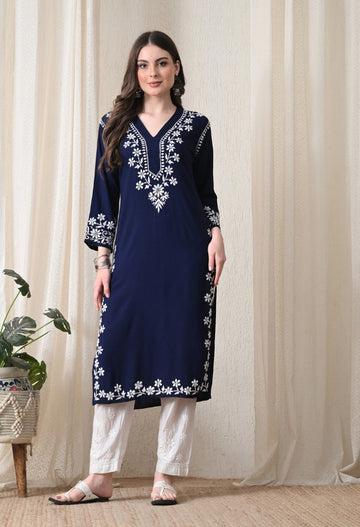 Navy Blue Hand-Embroidered Chikankari Rayon Straight Kurta