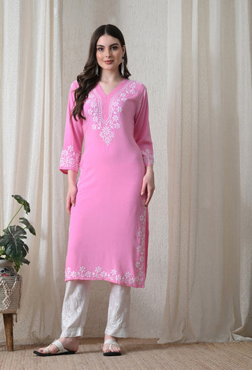 Pink Hand-Embroidered Chikankari Rayon Straight Kurta