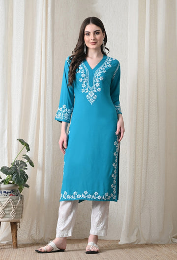 Blue Hand-Embroidered Chikankari Rayon Straight Kurta