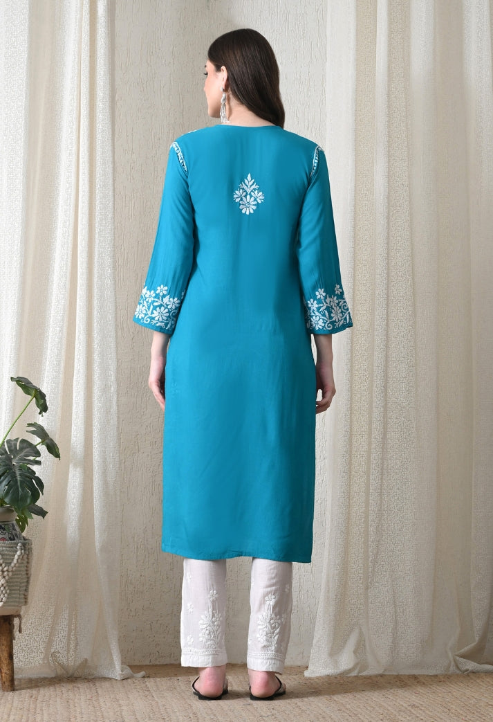 Blue Hand-Embroidered Chikankari Rayon Straight Kurta