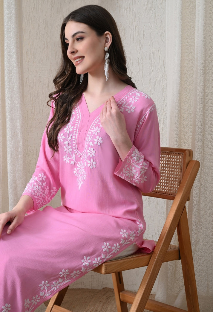 Pink Hand-Embroidered Chikankari Rayon Straight Kurta