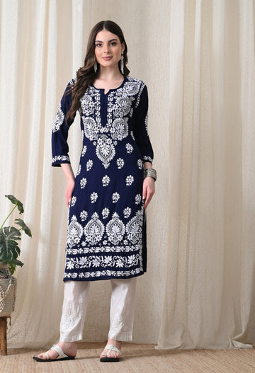 Navy Blue & White Hand-Embroidered Chikankari Rayon Straight Kurta