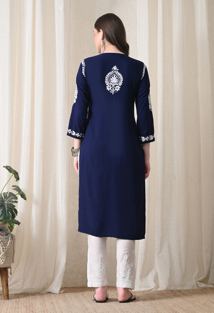 Navy Blue & White Hand-Embroidered Chikankari Rayon Straight Kurta