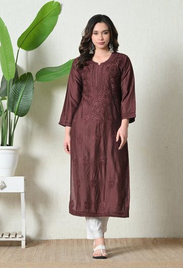 Brown Chanderi Hand Embroidered Chikankari Straight Kurta