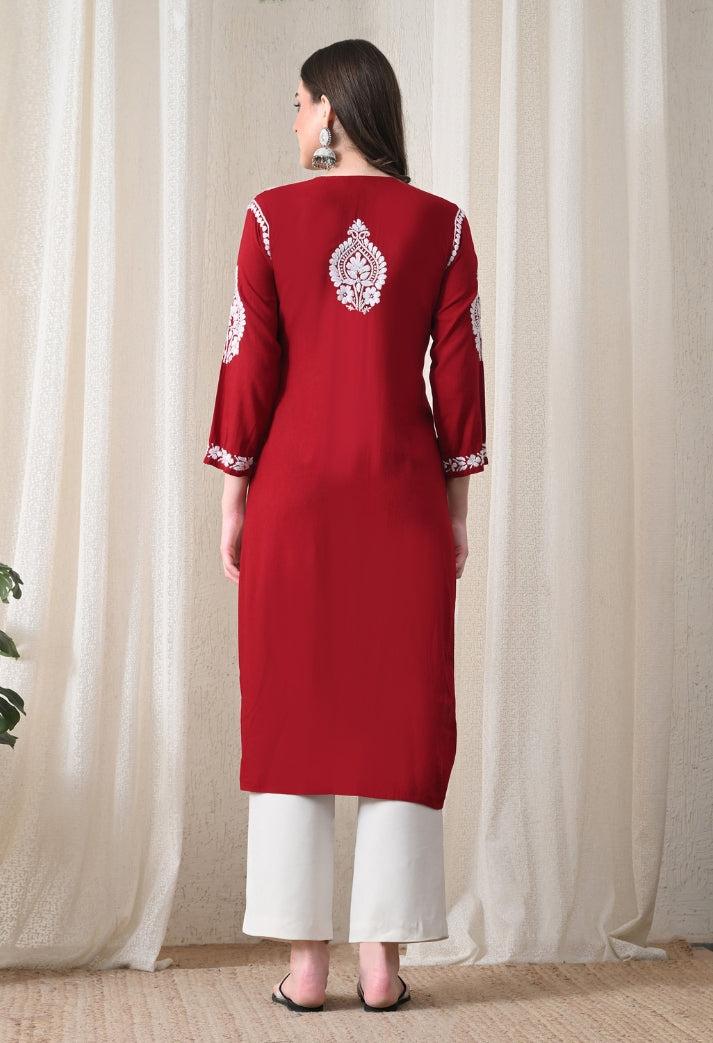 Maroon & White Hand-Embroidered Chikankari Rayon Straight Kurta