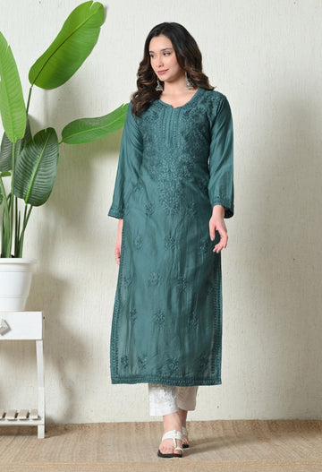 Emerald Teal Chanderi Hand Embroidered Chikankari Kurta