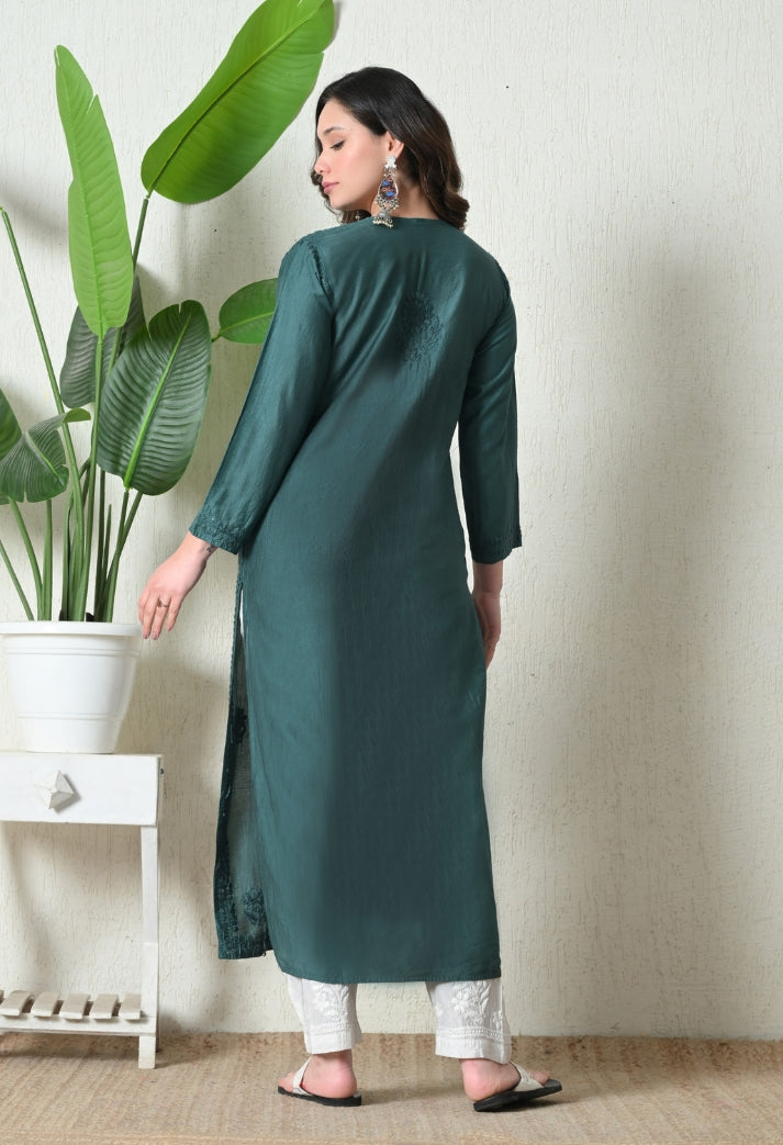 Emerald Teal Chanderi Hand Embroidered Chikankari Kurta