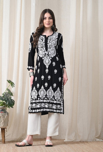 Black & White Hand-Embroidered Chikankari Rayon Straight Kurta