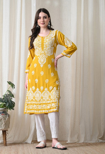 Yellow & White Hand-Embroidered Chikankari Rayon Straight Kurta