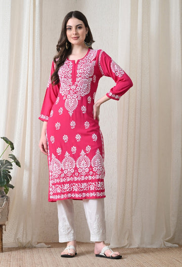Pink & White Hand-Embroidered Chikankari Rayon Straight Kurta