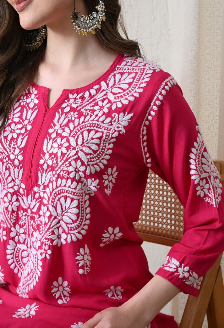 Pink & White Hand-Embroidered Chikankari Rayon Straight Kurta