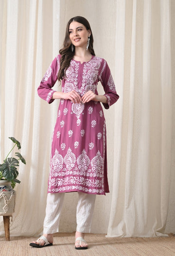 Onion Pink & White Hand-Embroidered Chikankari Rayon Straight Kurta