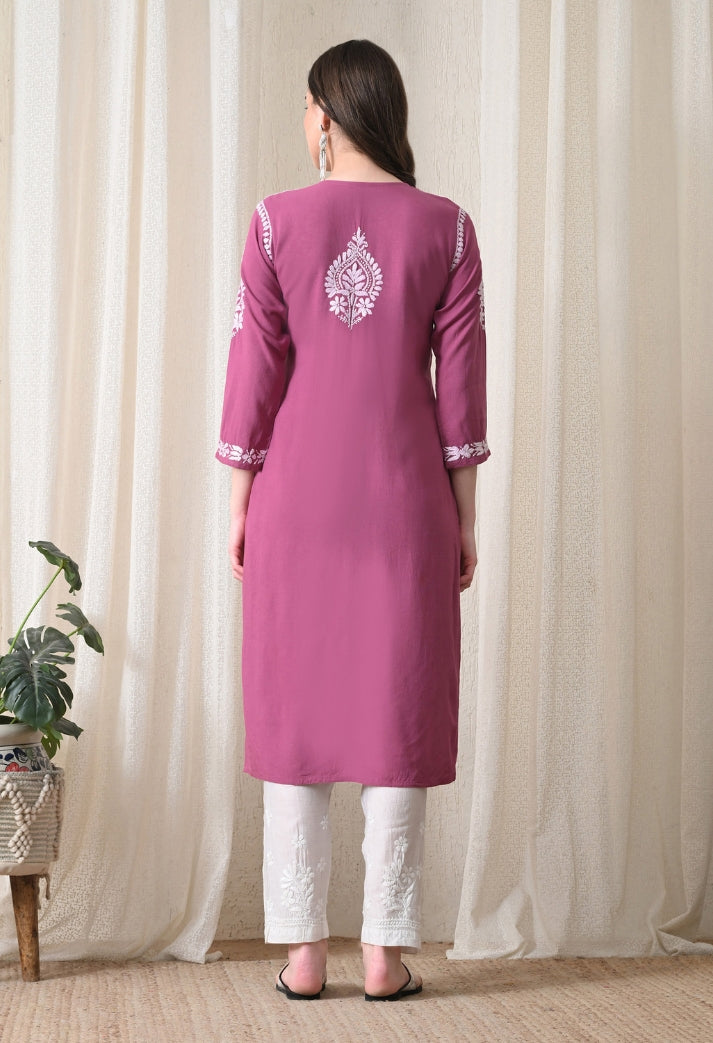 Onion Pink & White Hand-Embroidered Chikankari Rayon Straight Kurta