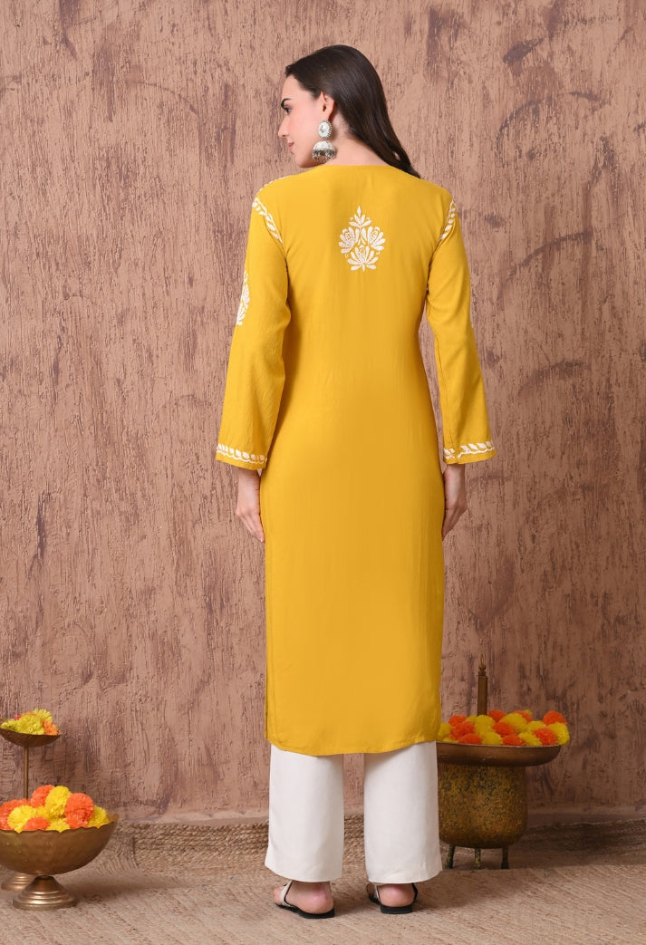 Women Yellow Hand Embroidered Chikankari Rayon Straight Kurta