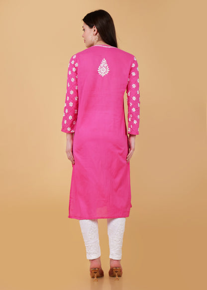 Pure Cotton Hand Embroidered Chikankari Kurta -Pink