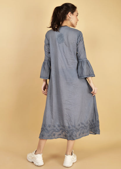 Mulmul Hand Embroidered Knee length Chikankari Dress Grey