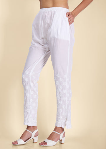 Lucknow Chikankari Handmade White Stretchable Cotton Pants for Girls.