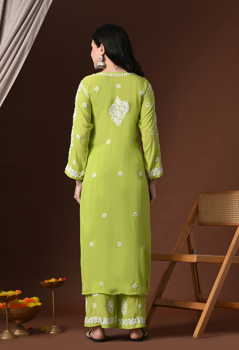 Hand Embroidered Chikankari Modal Kurta Palazzo Set for Women – Green