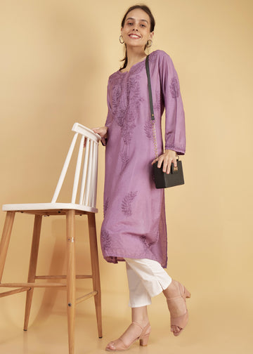 Chanderi Silk Hand Embroidered Long Purple Festive  Kurta