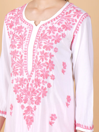 Handmade Lucknow Chikankari Off-White Kurta with Pink Thread work