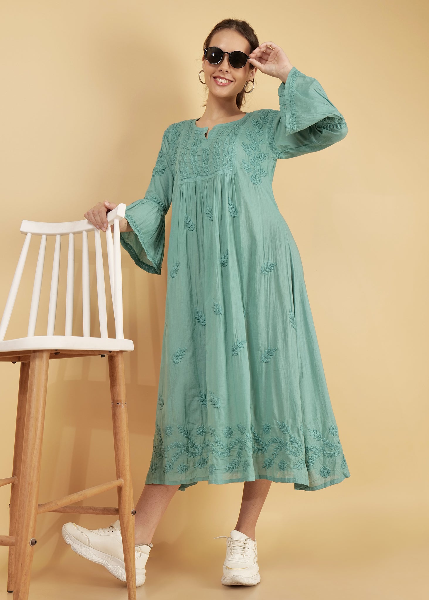 Mulmul Hand Embroidered Knee length Chikankari Dress Green  Syrish