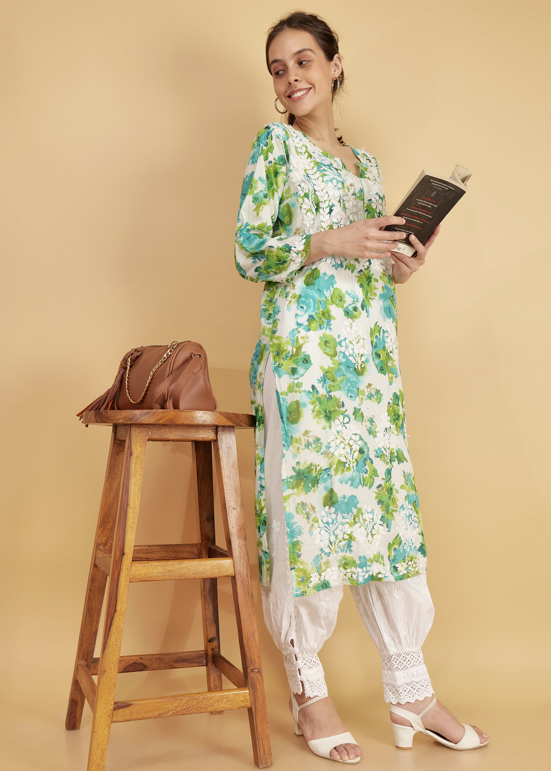 Pure Mulmul Floral Print Green Chikankari Long Straight Kurta