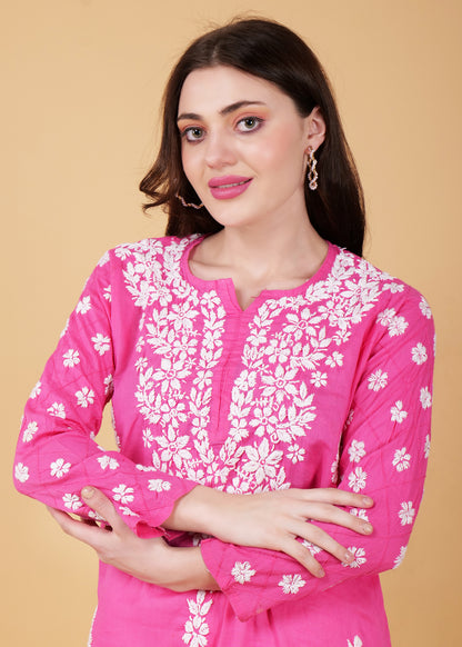 Pure Cotton Hand Embroidered Chikankari Kurta -Pink