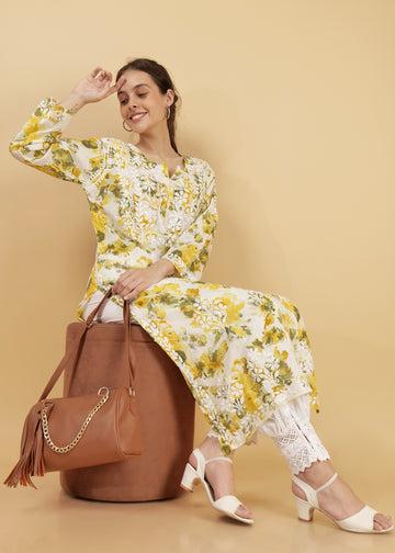 Pure Mulmul Floral PrInt Yellow Chikankari Long Straight Kurta