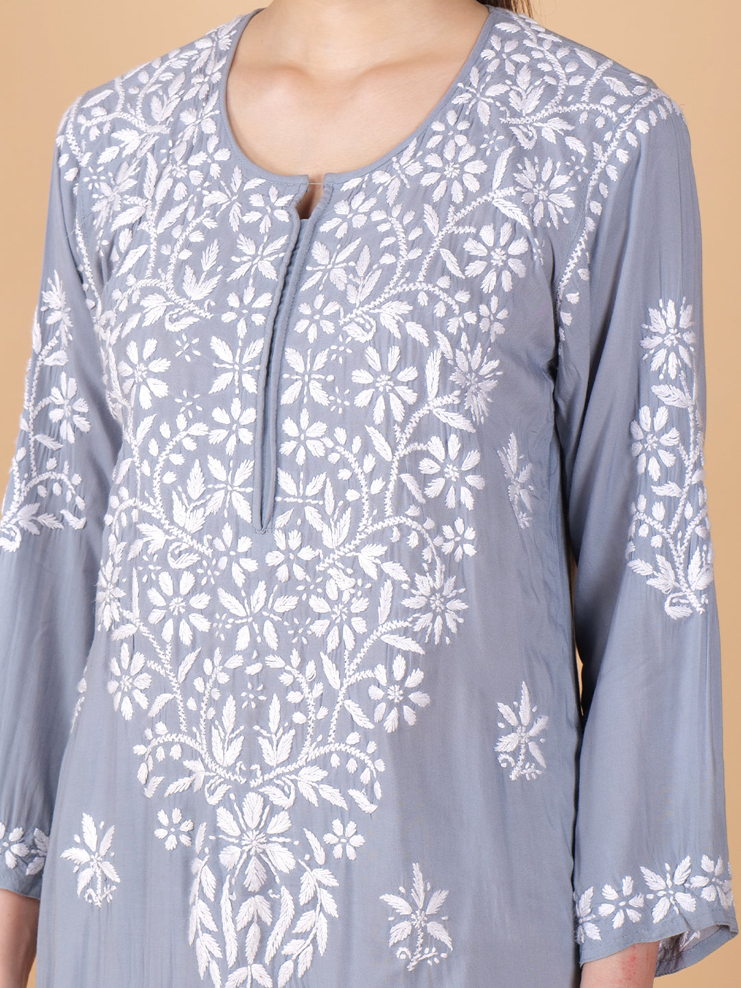 Pure Modal Heavy Bota Pattern hand embroidered Chikankari Kurta  Set -Grey