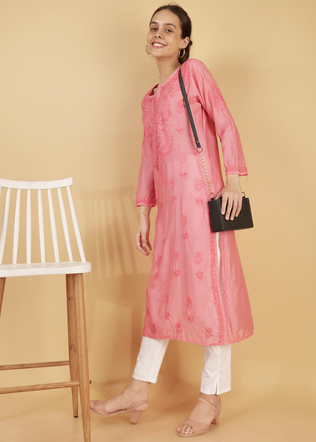 Chanderi Silk Hand Embroidered Long Pink Festive  Kurta