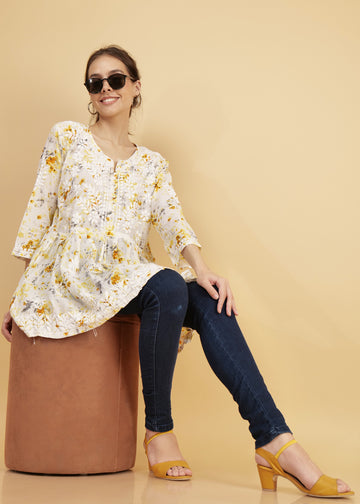 Mulmul Short Frock Style Chikankari Kurti - Floral Print Yellow