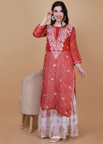 Kota Doria Chikankari Masterpiece Straight Kurta -Darl Red
