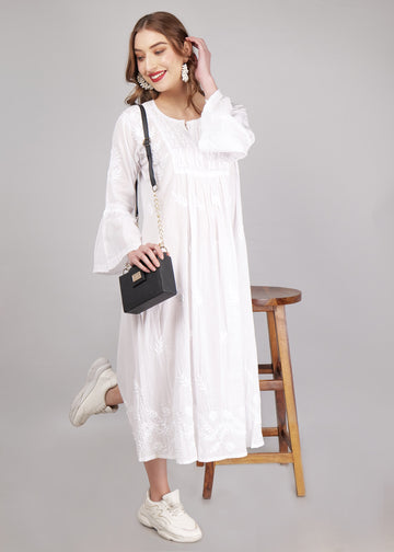 Mulmul Hand Embroidered Knee length Chikankari Dress White
