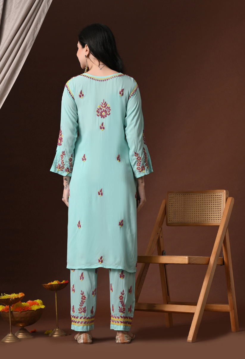 Hand Embroidered Chikankari Modal Kurta Pant Set for Women – Green