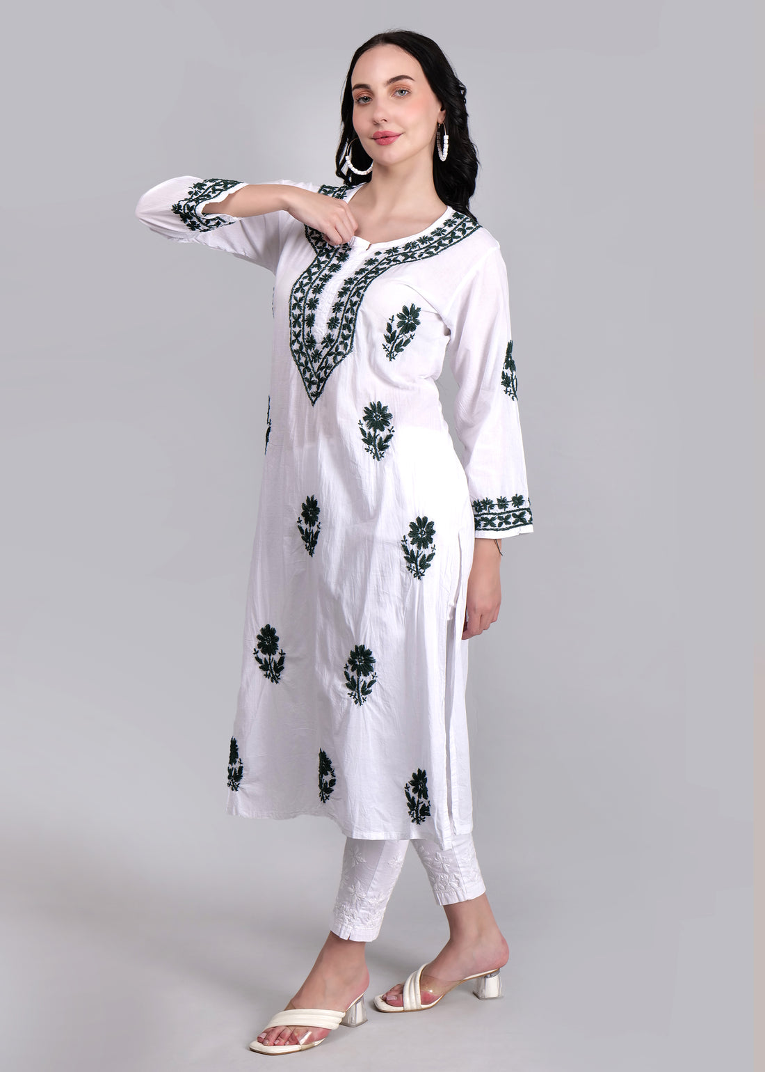 Chikankari in Mul cotton Kurta for Women - White with Green