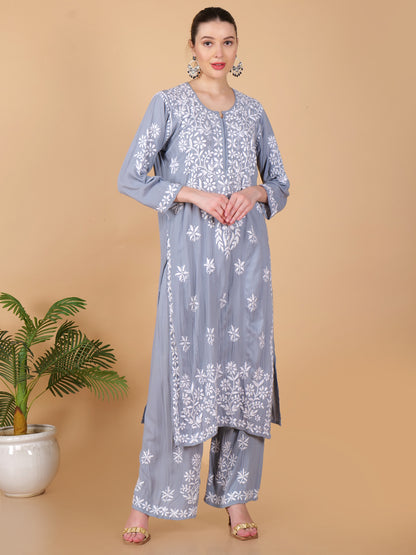 Pure Modal Heavy Bota Pattern hand embroidered Chikankari Kurta  Set -Grey