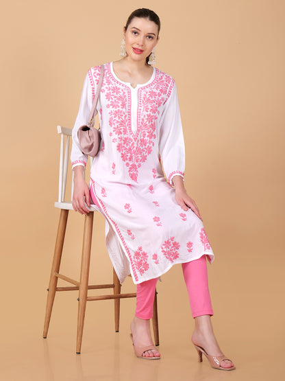 Handmade Lucknow Chikankari Off-White Kurta with Pink Thread work