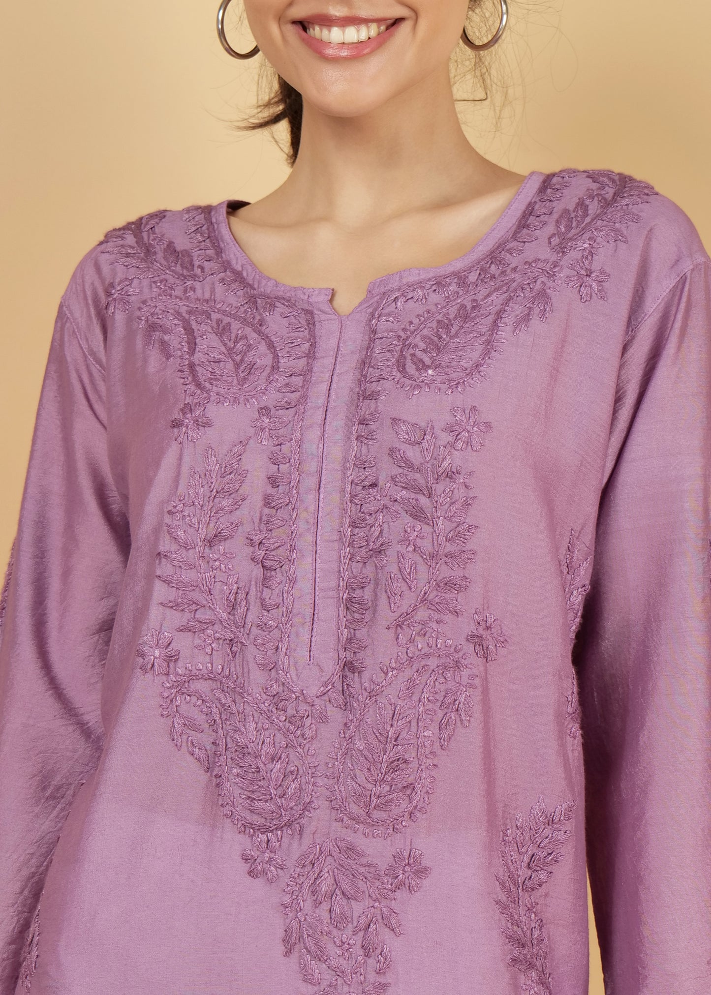 Chanderi Silk Hand Embroidered Long Purple Festive  Kurta