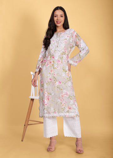 Muslin Hand Embroided Lucknow Chikankari Printed Straight Green Kurta