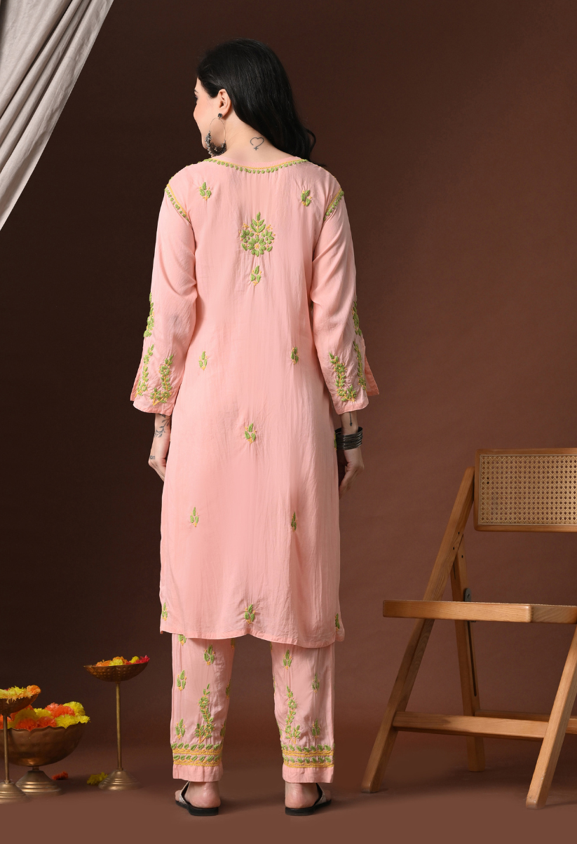 Hand Embroidered Chikankari Modal Kurta Pant Set for Women – Peach