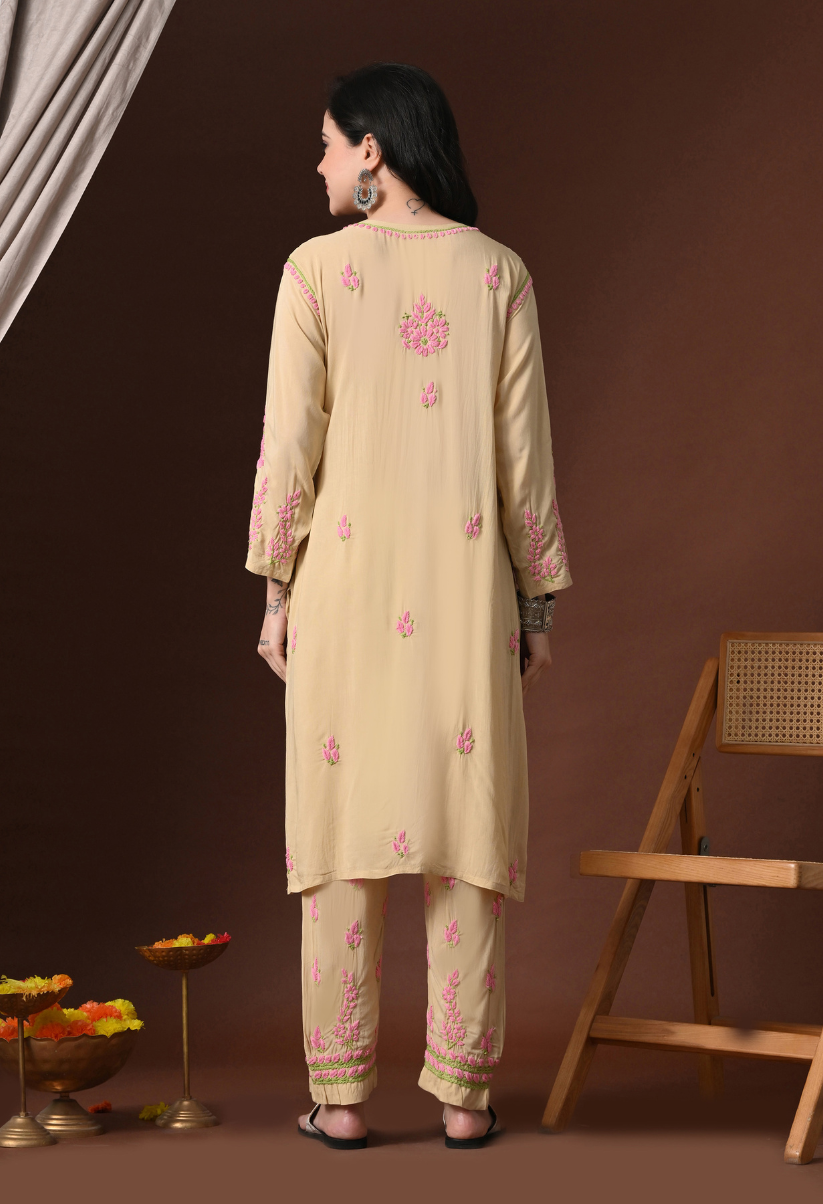 Hand Embroidered Chikankari Modal Kurta Pant Set for Women – Beige